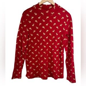 White Stag Red Turtle Neck with Gold Foil Reindeer Print Womens Large